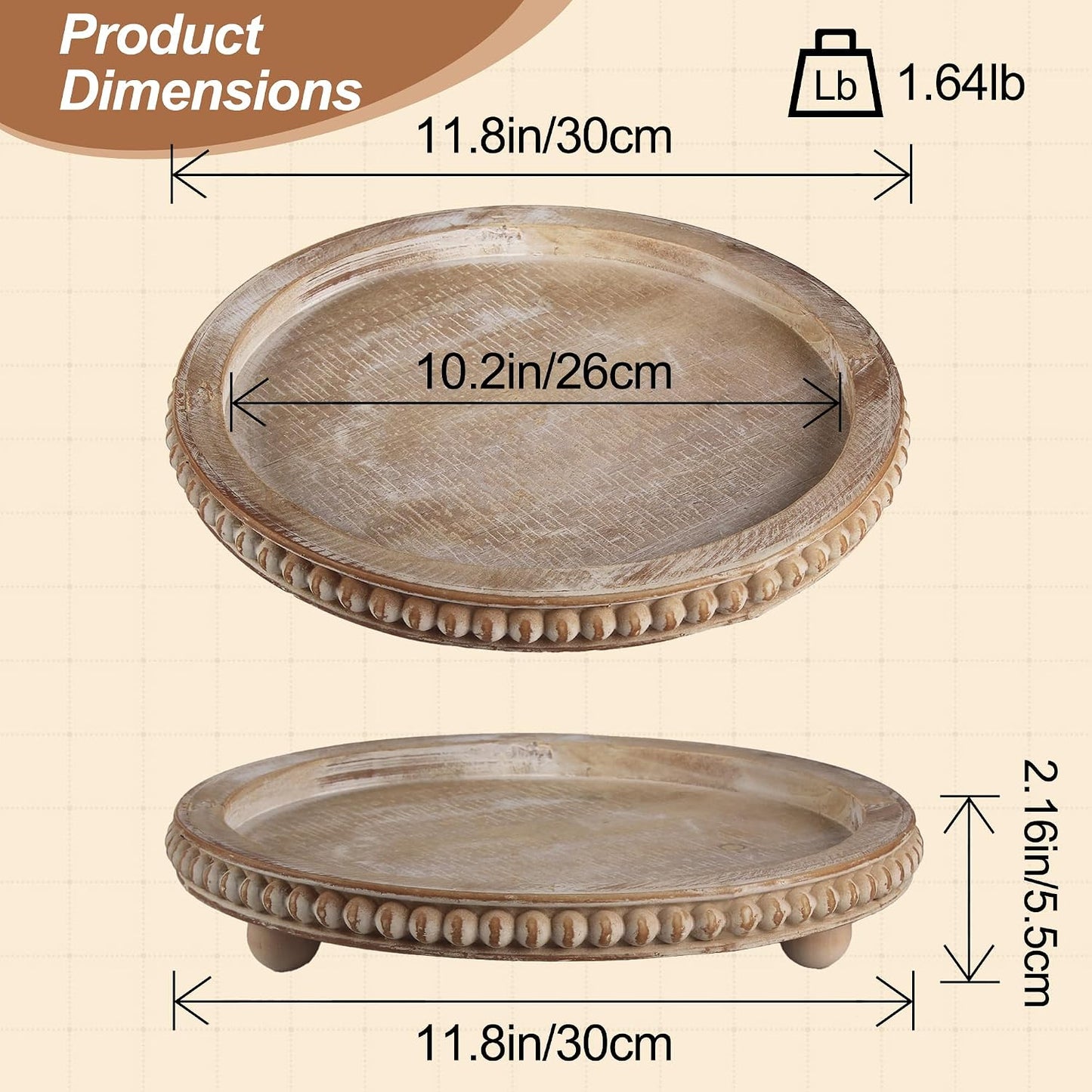 Natural Wood Beaded Tray / Brown / Round
