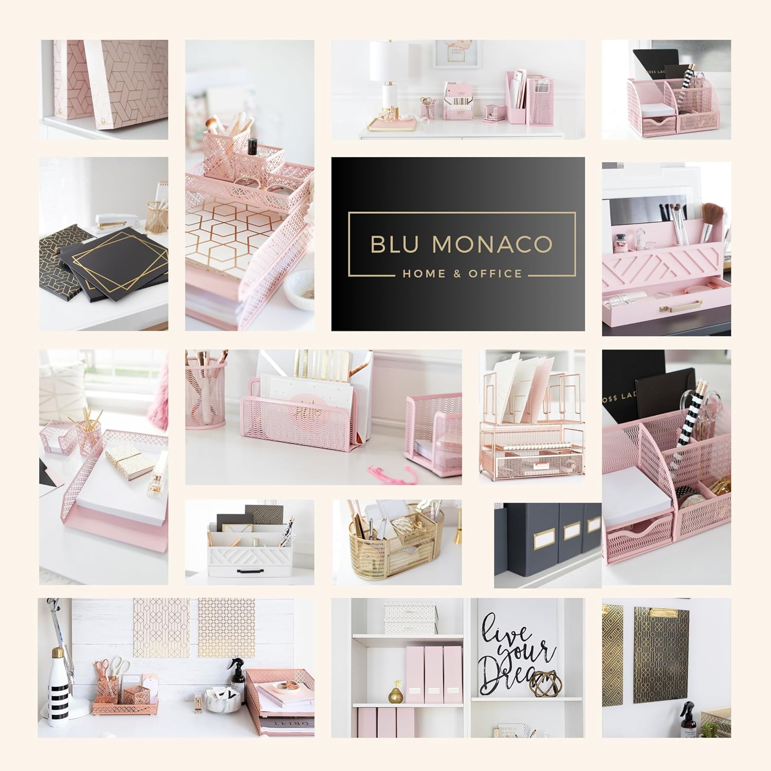 BLU MONACO | Rose Gold Desk Organizer with Drawer | Metal Desk Organizer with File Sorters and Storage Compartments