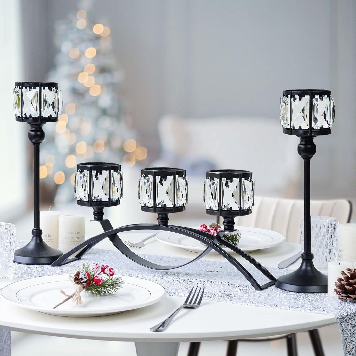 Black Set of 3 Crystal Candle Holders Arched - Elegant Tabletop Candelabra Centerpiece for Weddings, Dining Room Decor