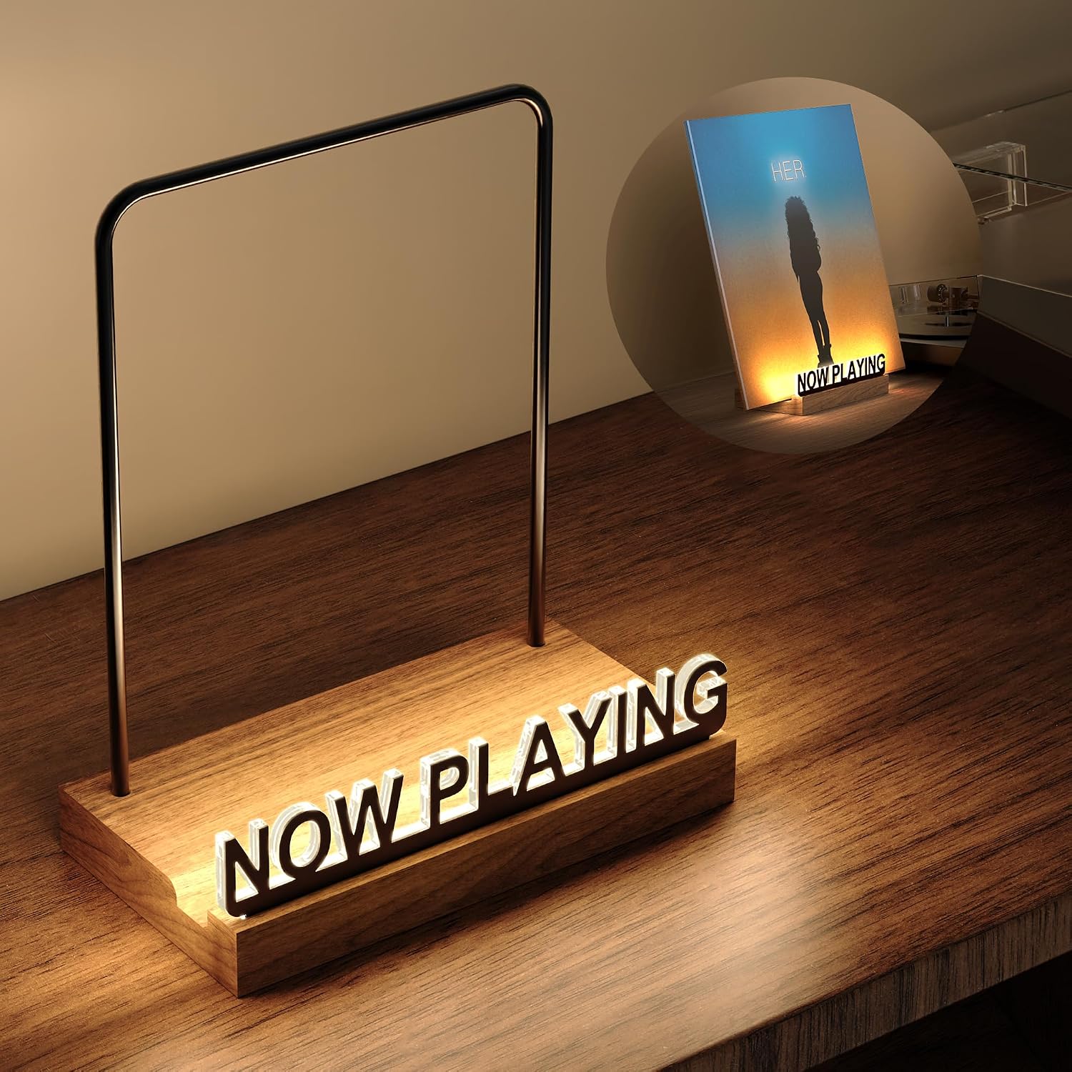 Now Playing Vinyl Record Stand, Light Up Vinyl Record Display Stand, Holder for Album Display Storage, Warm White Light