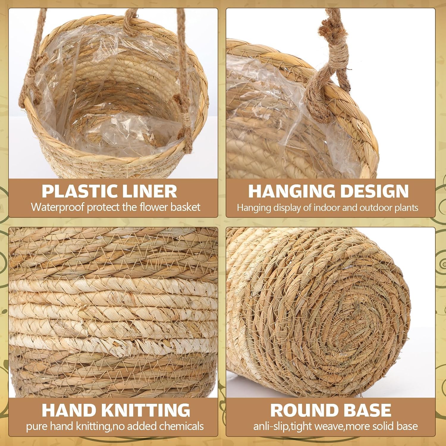 Seagrass Hanging Planter Basket Hand Woven Plant Basket / Beige / Small / Set of 6