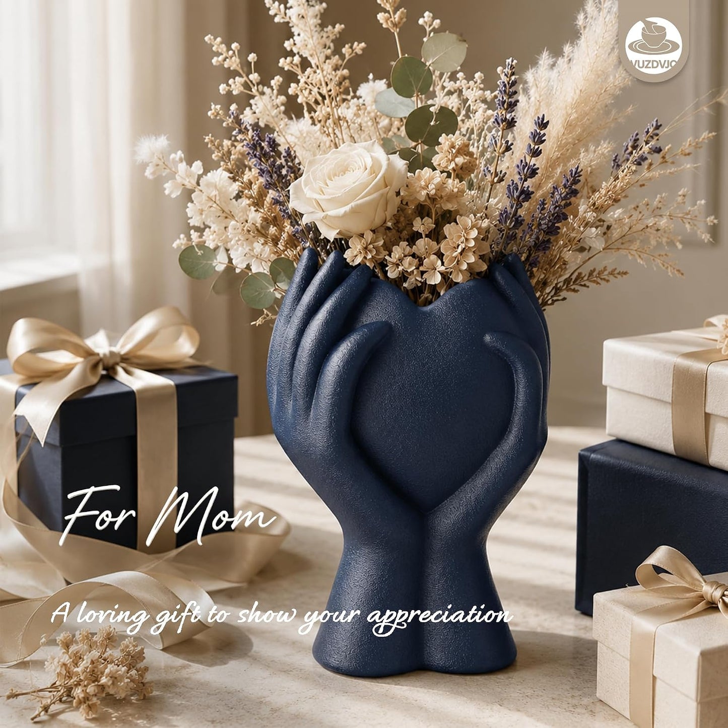 8" Heart Hand Navy Ceramic Vase / Blue