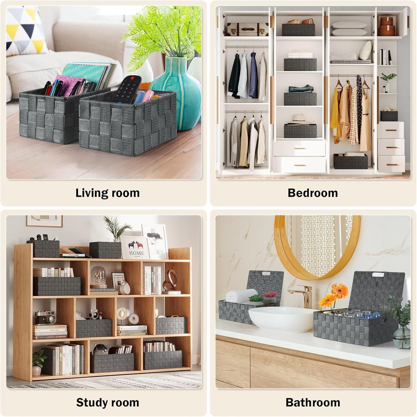 Woven Storage Box Organizer Containers Decorative Baskets Cube / Grey / with Lids / Set of 5