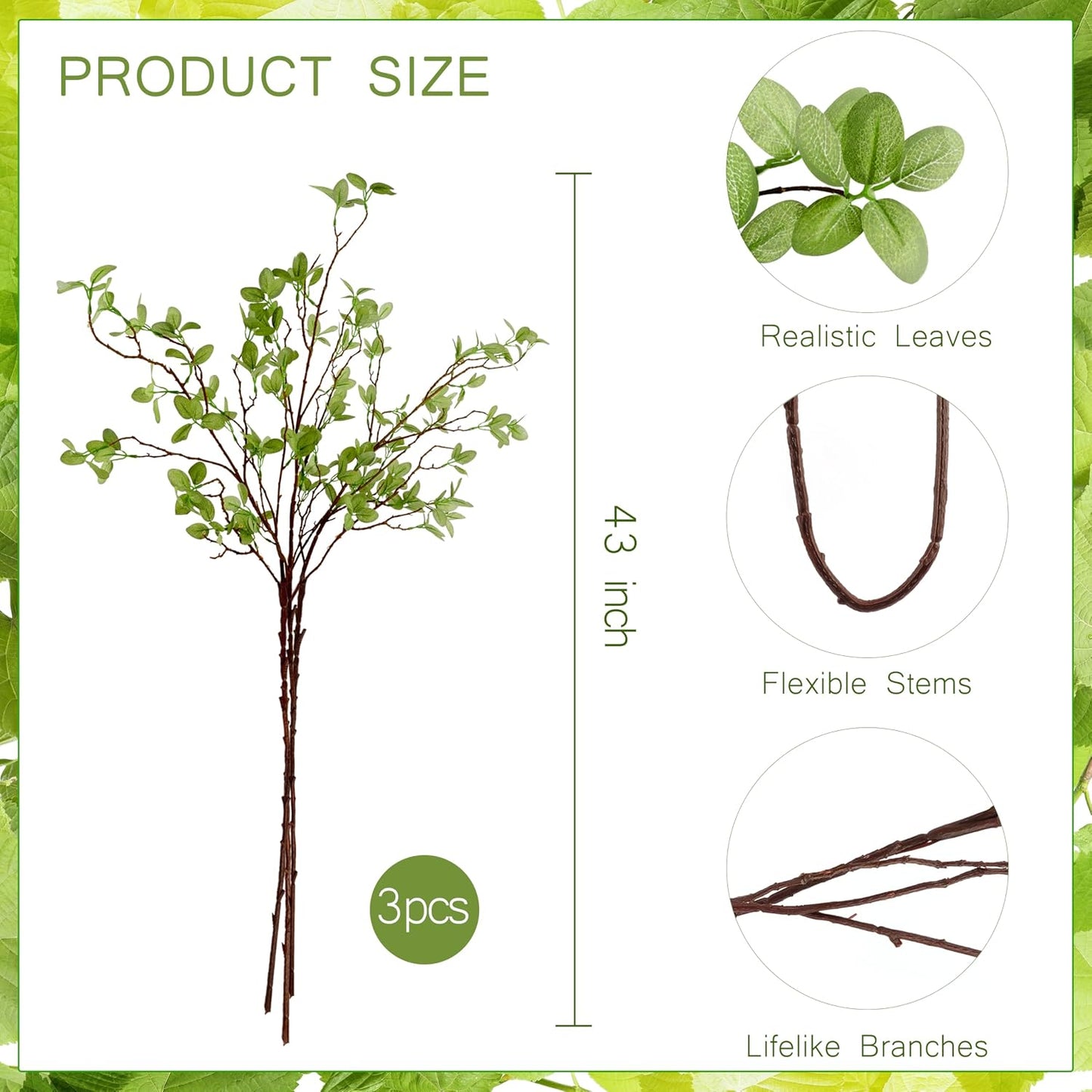 Long Faux Eucalyptus Branches for Tall Vase Filler / 43 Inch / Set of 3