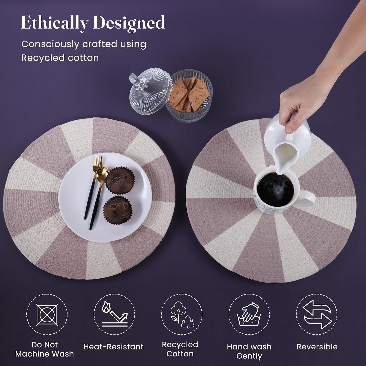 The Fine Living Braided Cotton Placemats, Round Table Mats, Set of 6,13.5" | Washable Anti-Slip Heat Resistant Braided