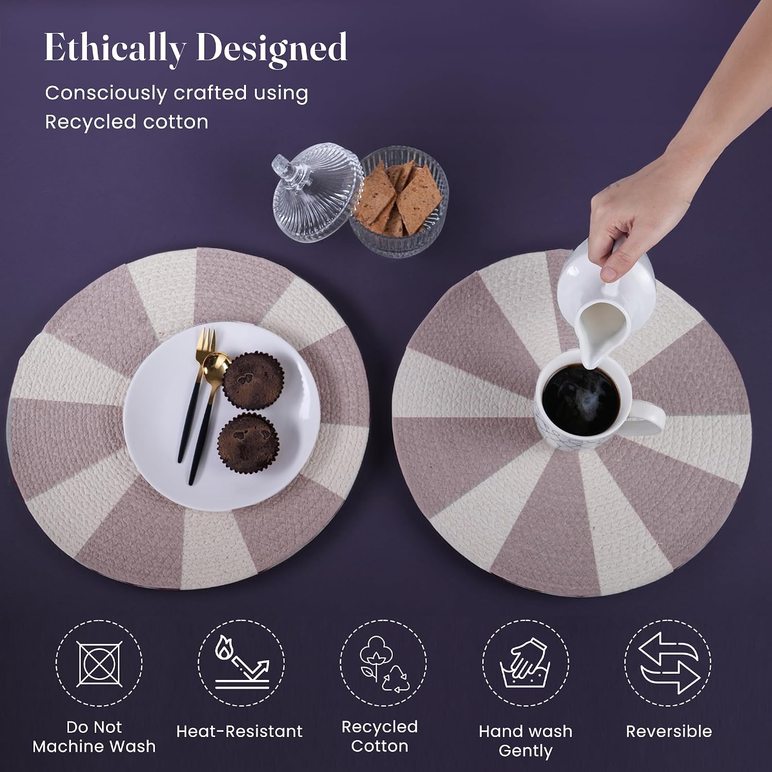 The Fine Living Braided Cotton Placemats, Round Table Mats, Set of 6,13.5" | Washable Anti-Slip Heat Resistant Braided