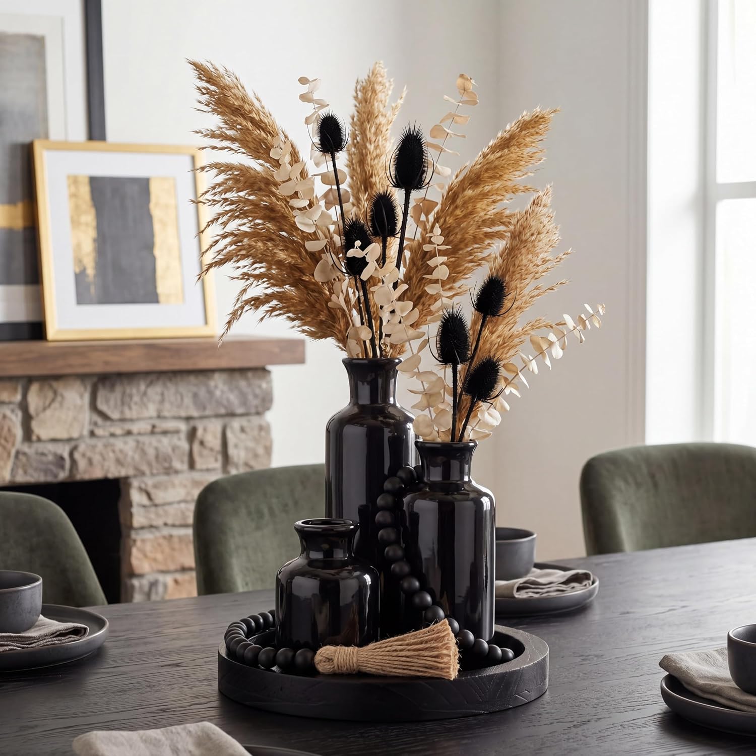 Wooden Serving Tray Wood Bead Garland Tassels / Black / Set of 5