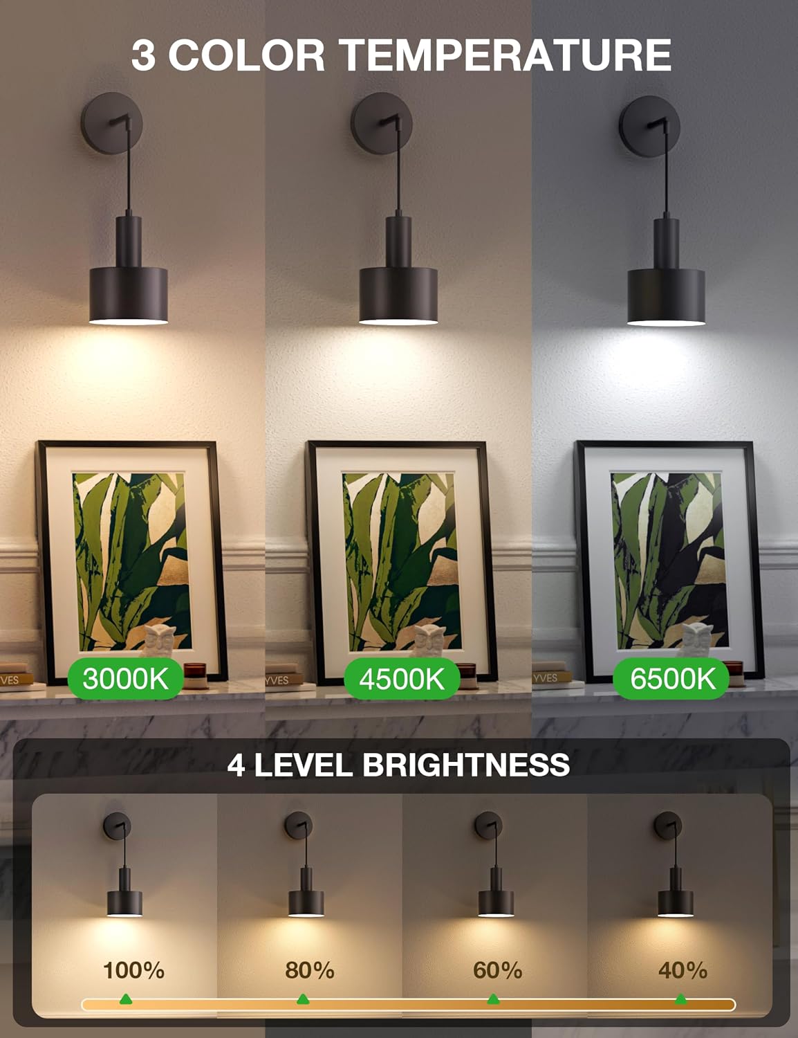 Battery Operated Wall Sconce Set of 2, Black Wireless Rechargeable Wall Lights with 5200mAh Dimmable Detachable Bulbs