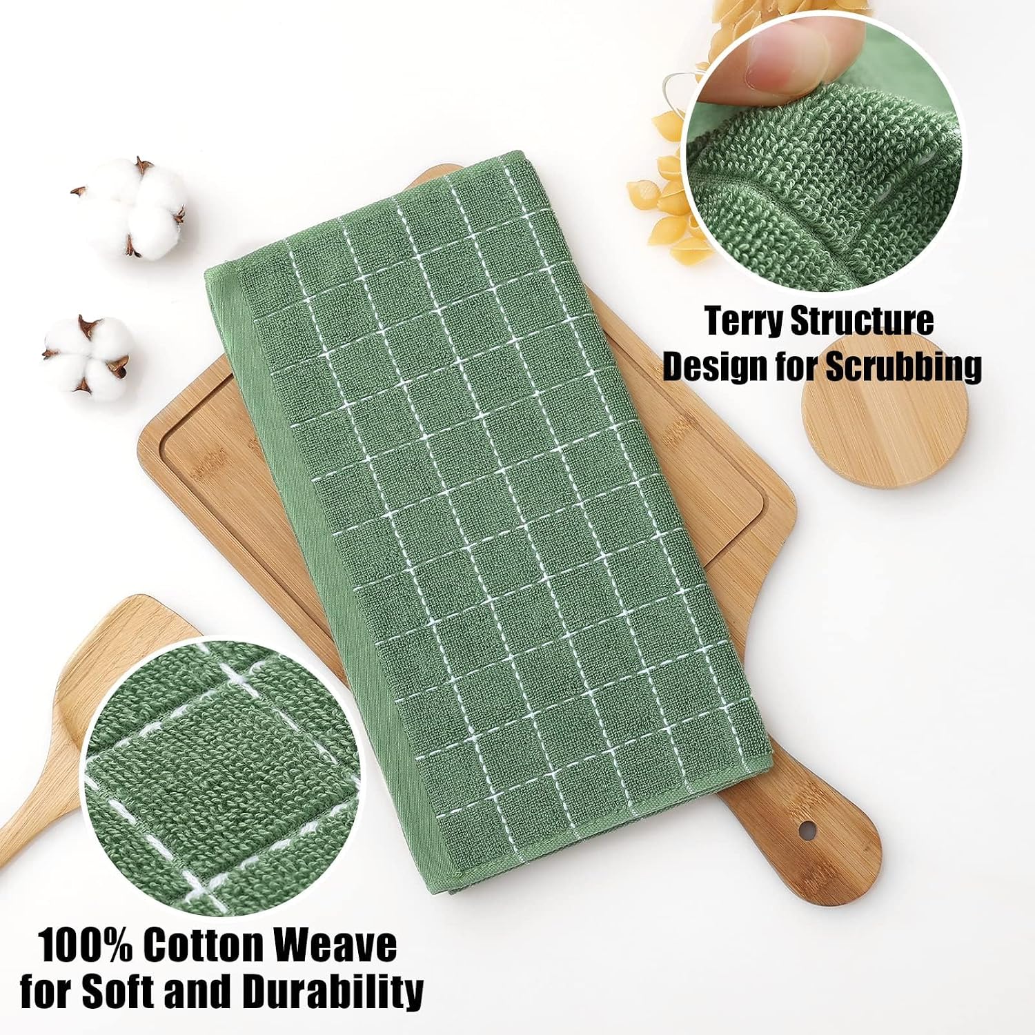 Homaxy 100% Cotton Terry Kitchen Dish Cloths, 12 Pack, Grass Green | Ultra Soft and Absorbent Dish Towels for Kitchen