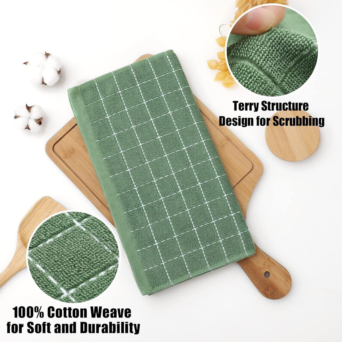 Homaxy 100% Cotton Terry Kitchen Dish Cloths, 18 Pack, Grass Green | Ultra Soft and Absorbent Dish Towels for Kitchen