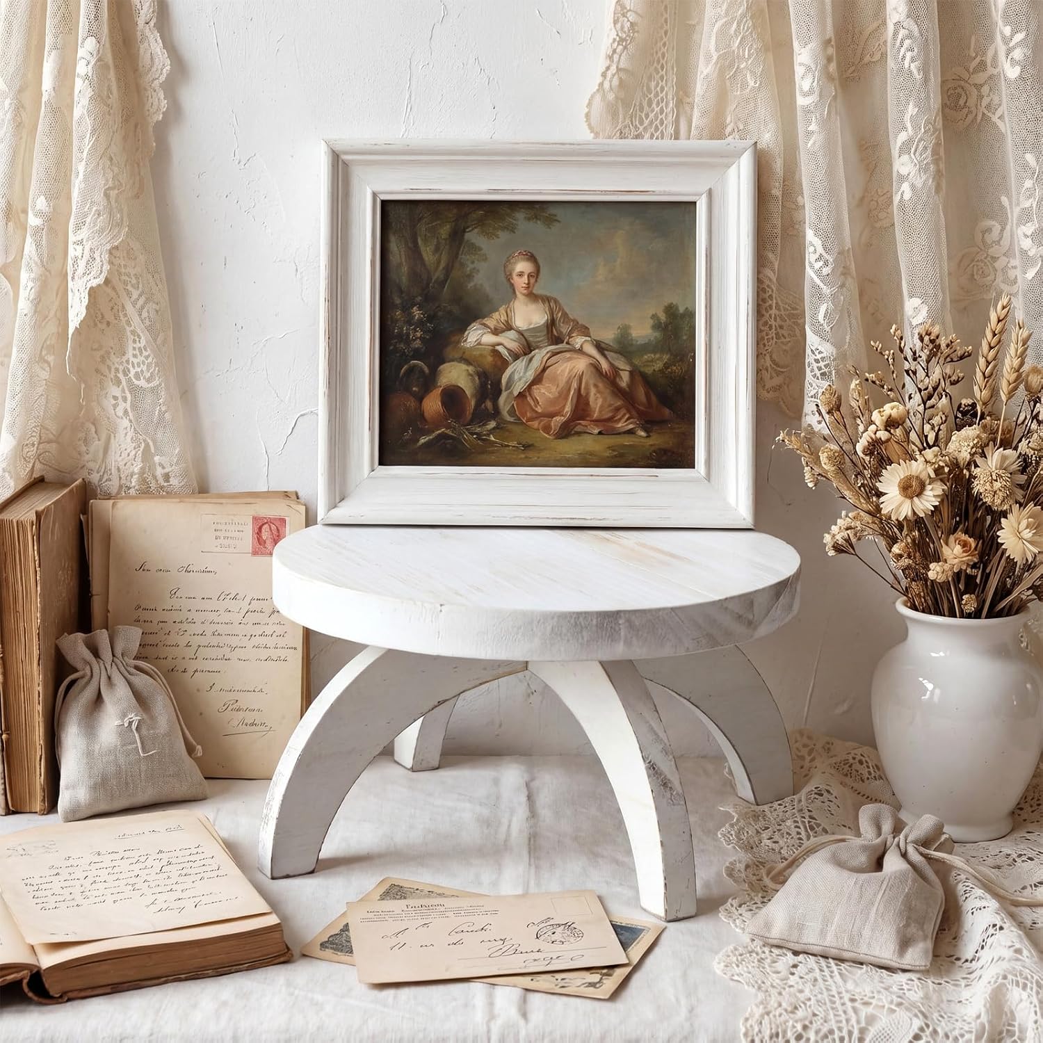 Short Plant Stand Small Wood Plant Stool Low Wood Riser Pedestal Display / Round / White / Set of 2