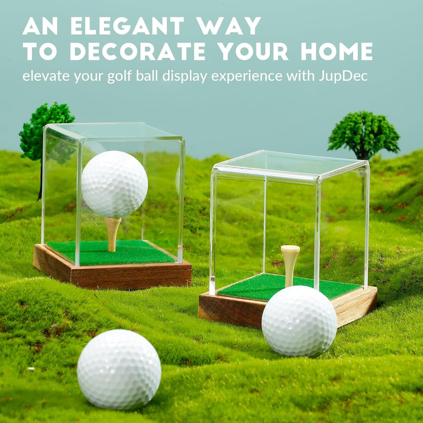 Golf Ball Display Case Clear Acrylic Memorabilia Stand Cube Holder with Wood Base & Tee, Dust Protection Transparent