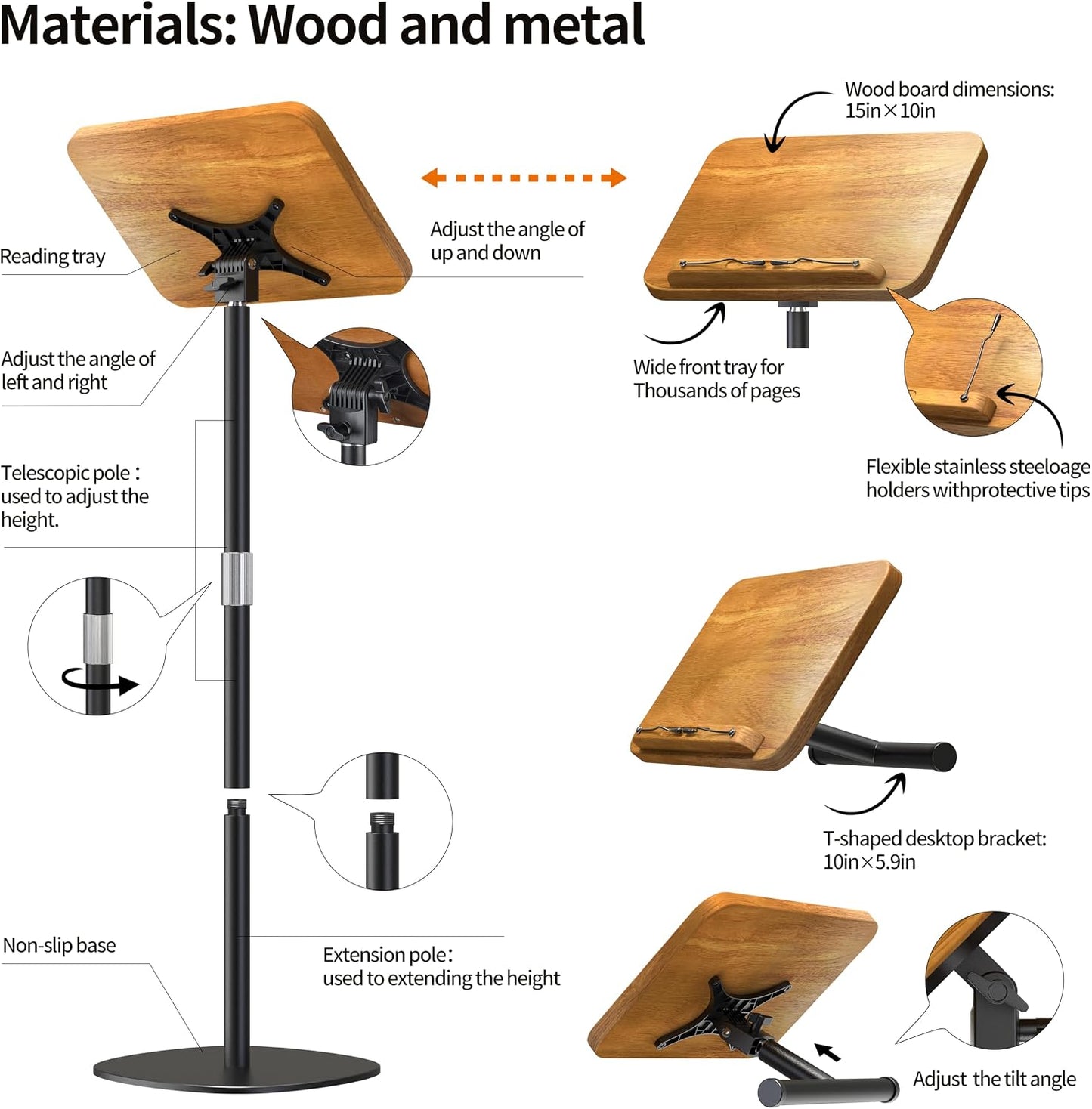 NAMON 2-in-1 Dual-use Floor & Desktop Book Stand, 100% Solid Wood, Height Adjustable from 16.5" to 51", Floor Reading