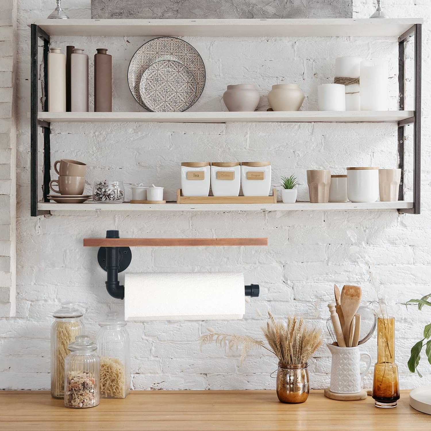 HouseAid Industrial Pipe Paper Towel Holder with Shelf, Rustic Farmhouse Paper Towel Rack for Bathroom, Kitchen, Wall