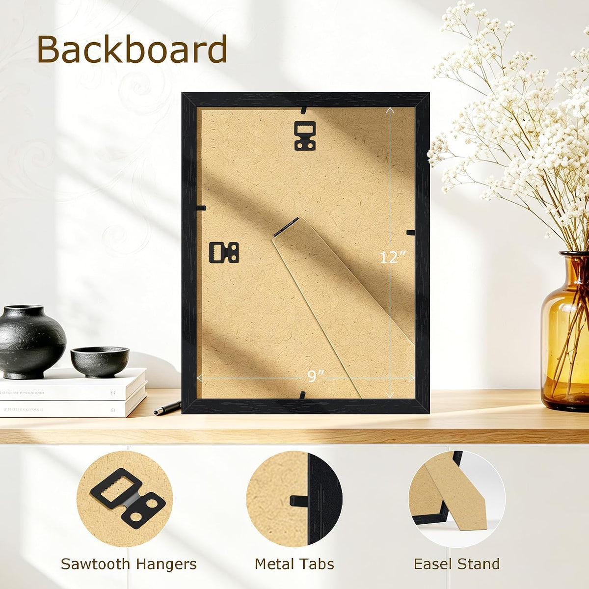 Wiscet 9x12 Picture Frame Set of 16, Black Woodgrain | Photo Frame with HD Plexiglass, for Wall or Tabletop