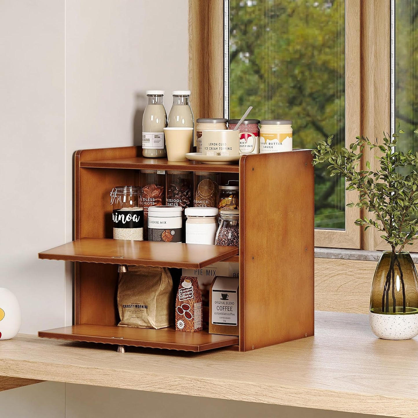 Trironsun Rustic Bread Box for Kitchen Countertop Bamboo Bread Storage Container Bin Double Layer BreadBox Farmhouse