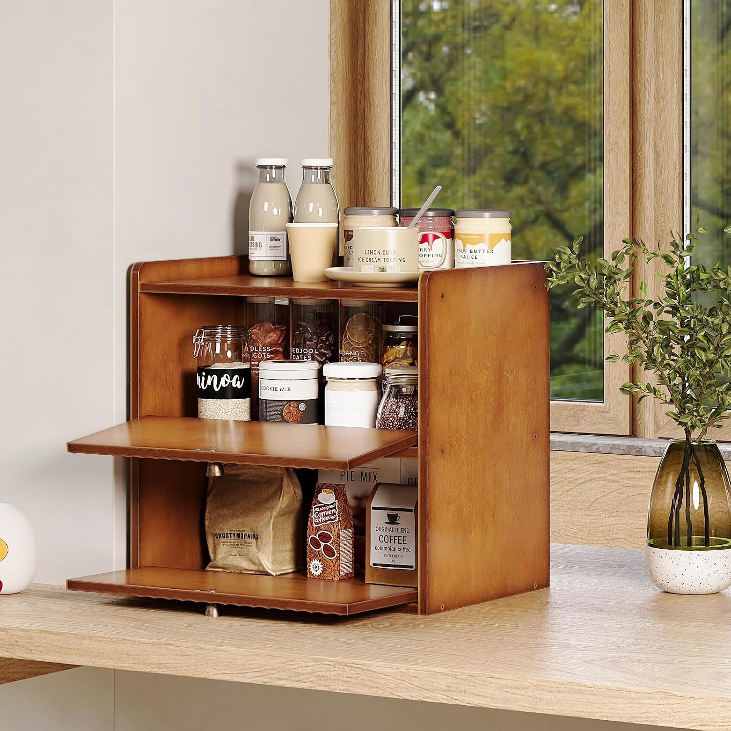 Trironsun Rustic Bread Box for Kitchen Countertop Bamboo Bread Storage Container Bin Double Layer BreadBox Farmhouse