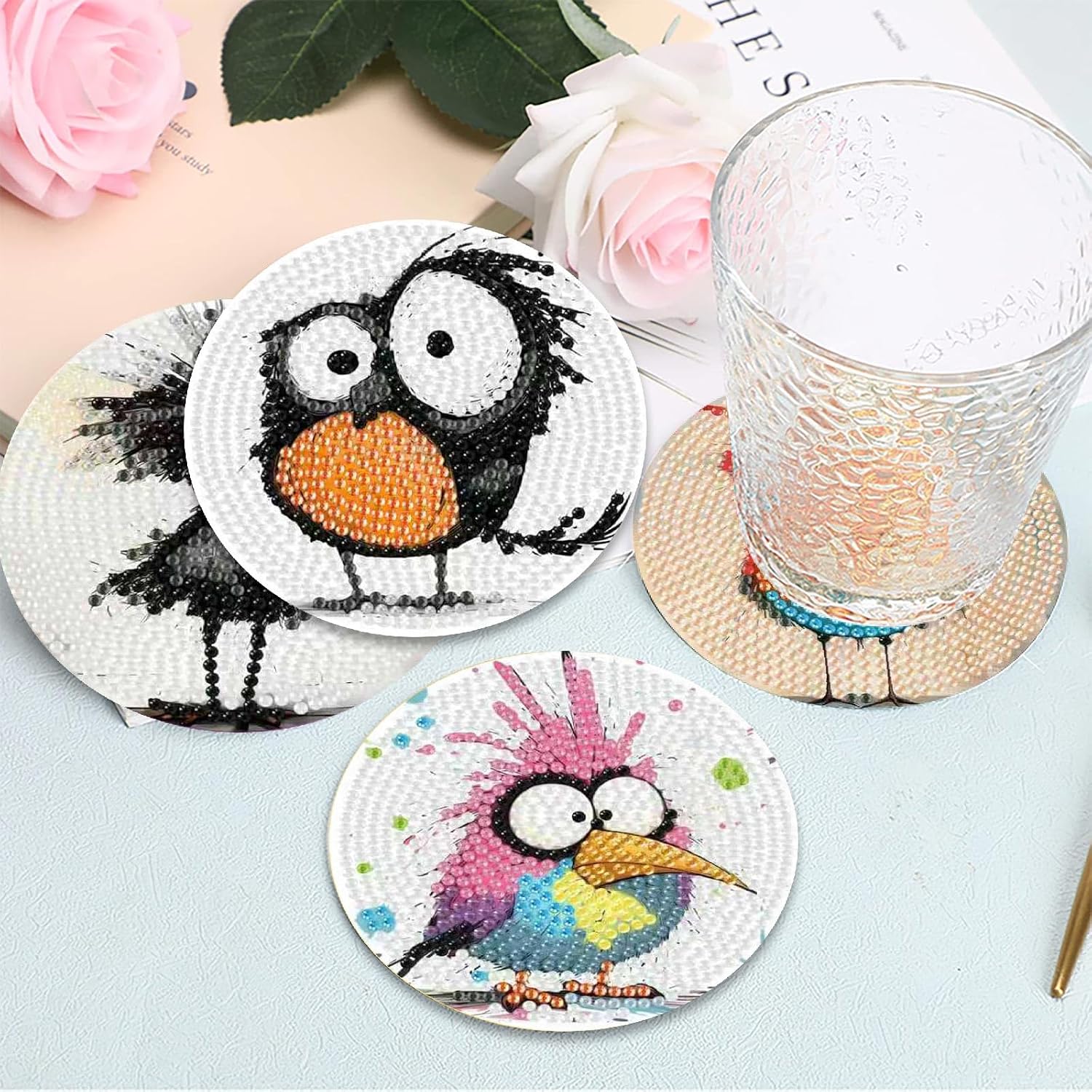 Holder / Funny Bird Pattern Wooden Diamond Painting / Jxbd73-us / Set of 8