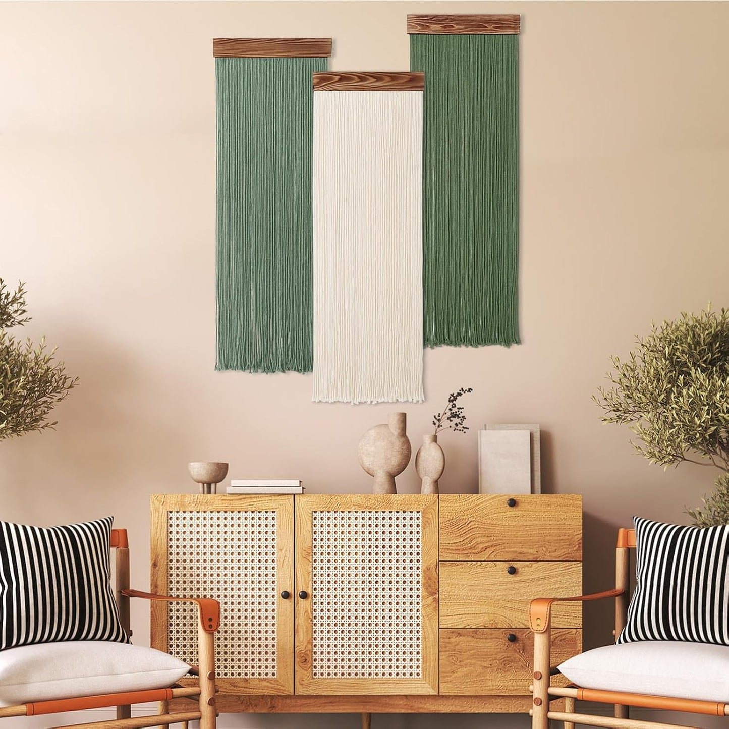 Macrame Wall Hanging Boho Chic Home Decor / Green and Beige / Set of 3