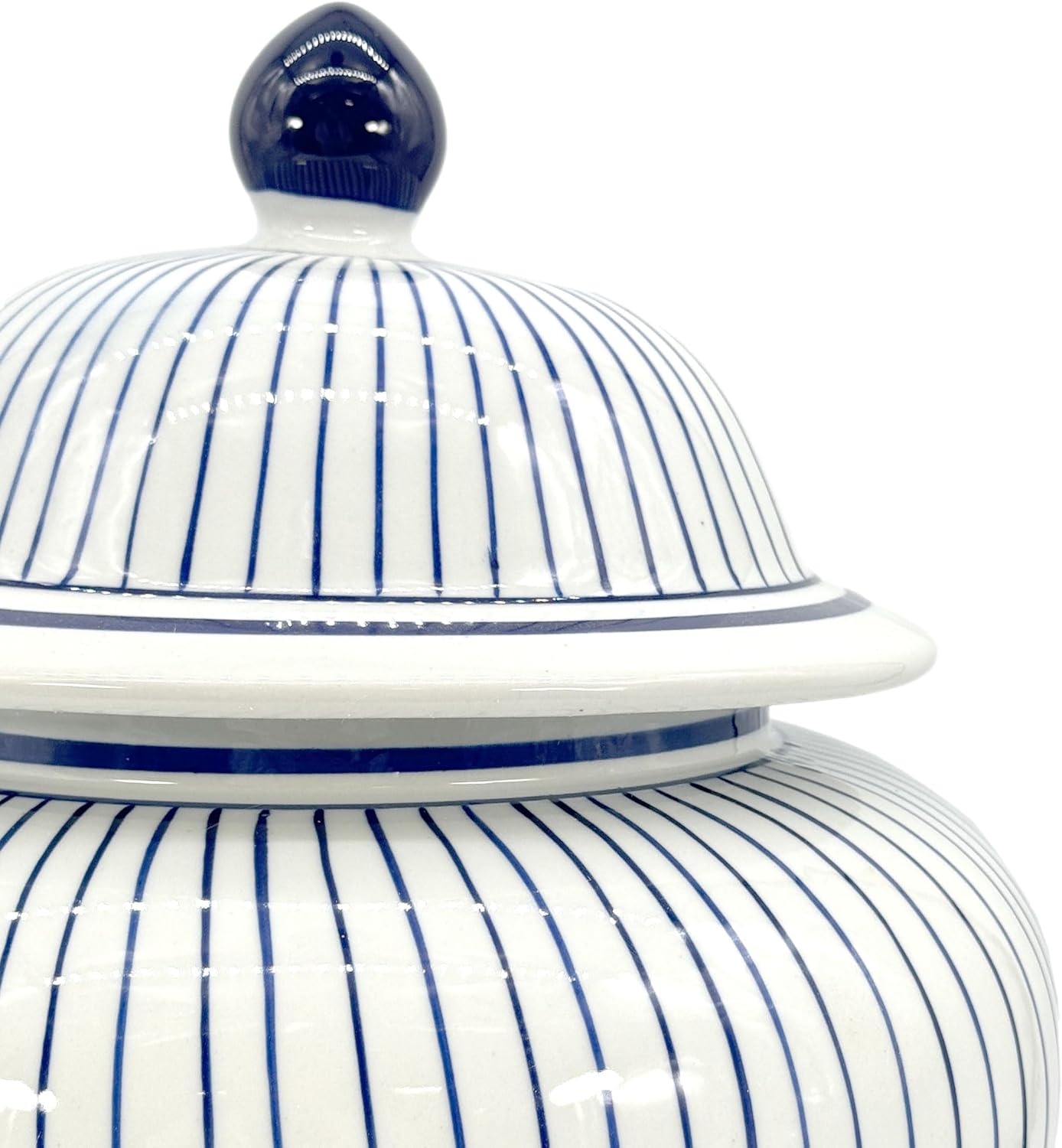 Blue & White Striped Wide Ceramic Porcelain Ginger Jar wtih Lid Temple Jar / Blue & White Stripes