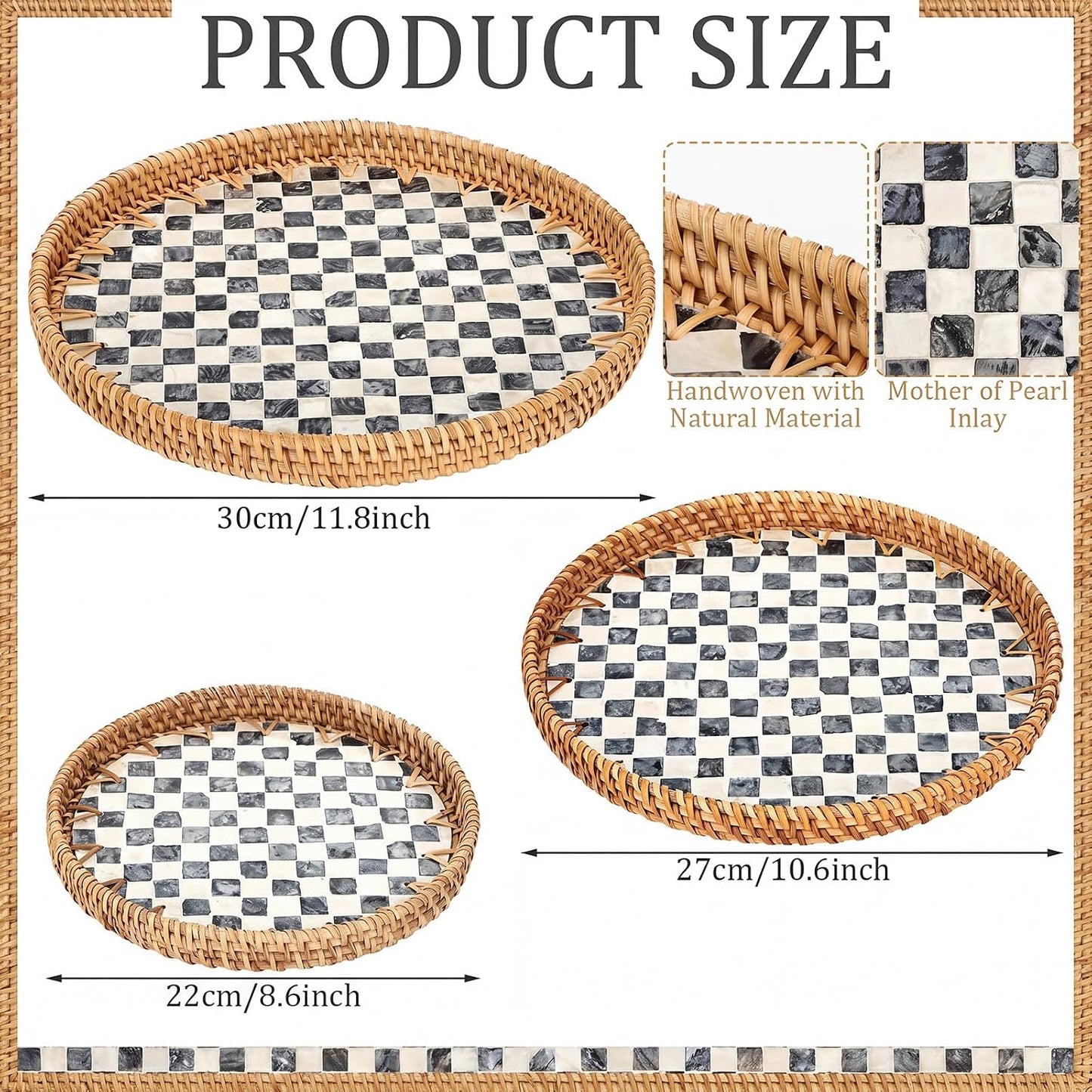 Round Rattan Tray / Black Checkerboard / 3 Size / Set of 3