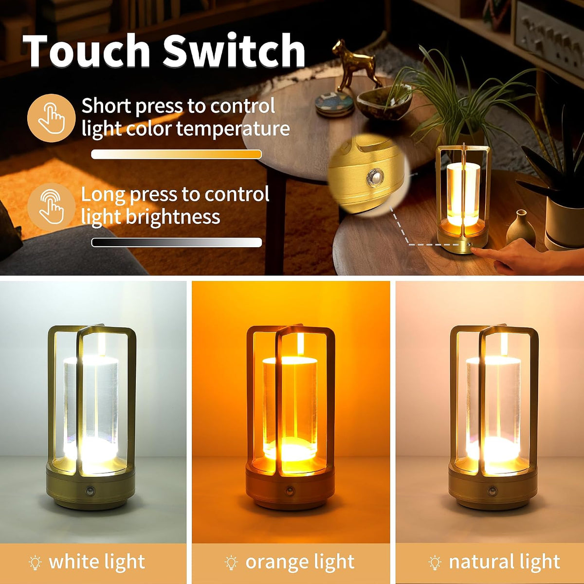 Crystal Lantern Light Outdoor Rechargeable Cordless Set of 2 Table Lamp, Touch Dimmable Battery Operated Table Light