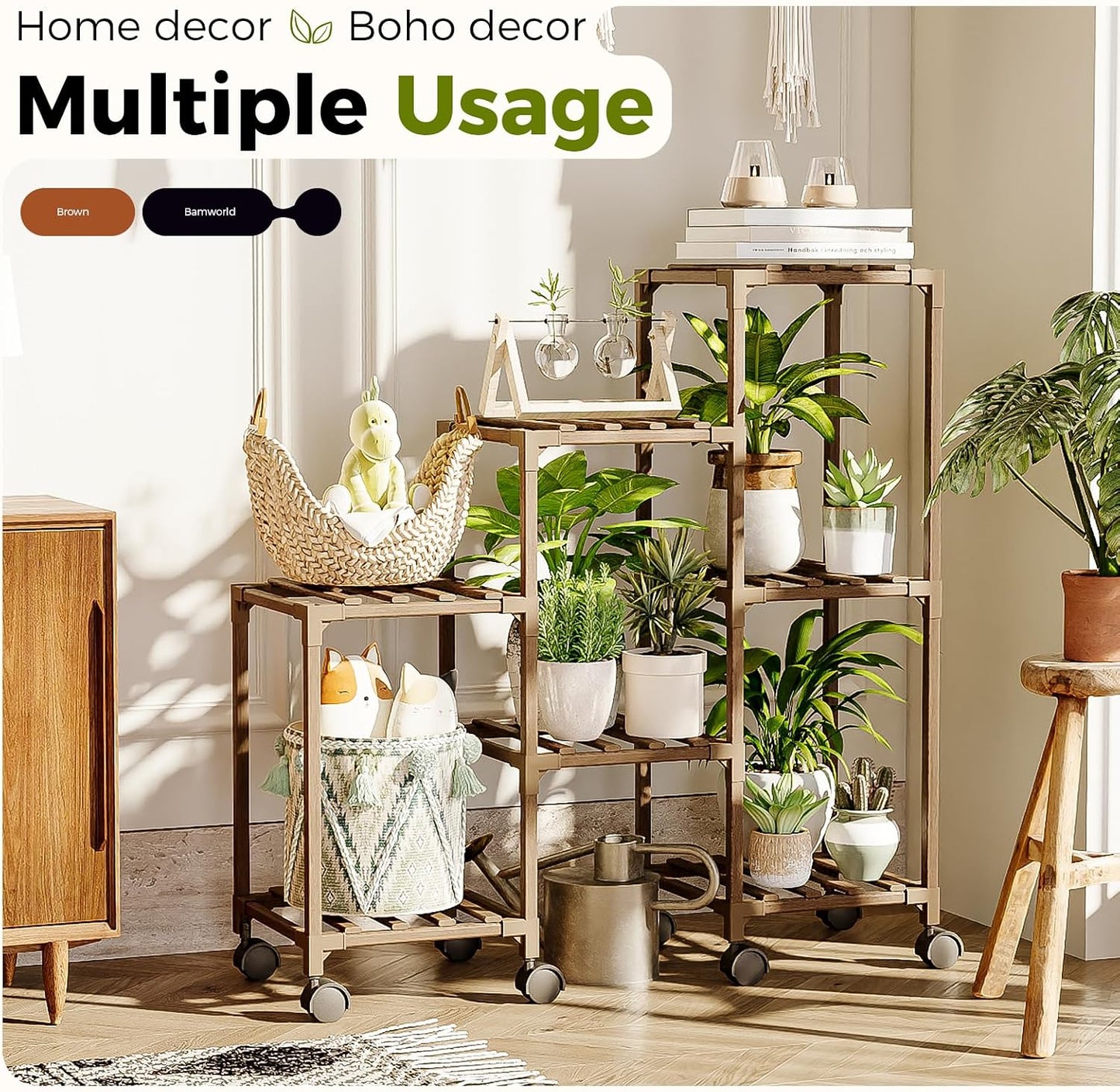 Bamworld Plant Stand with Wheels for Indoor Plants Wood Outdoor Tiered Shelf 3 Tire 7 Potted Ladder Plant Holder Table
