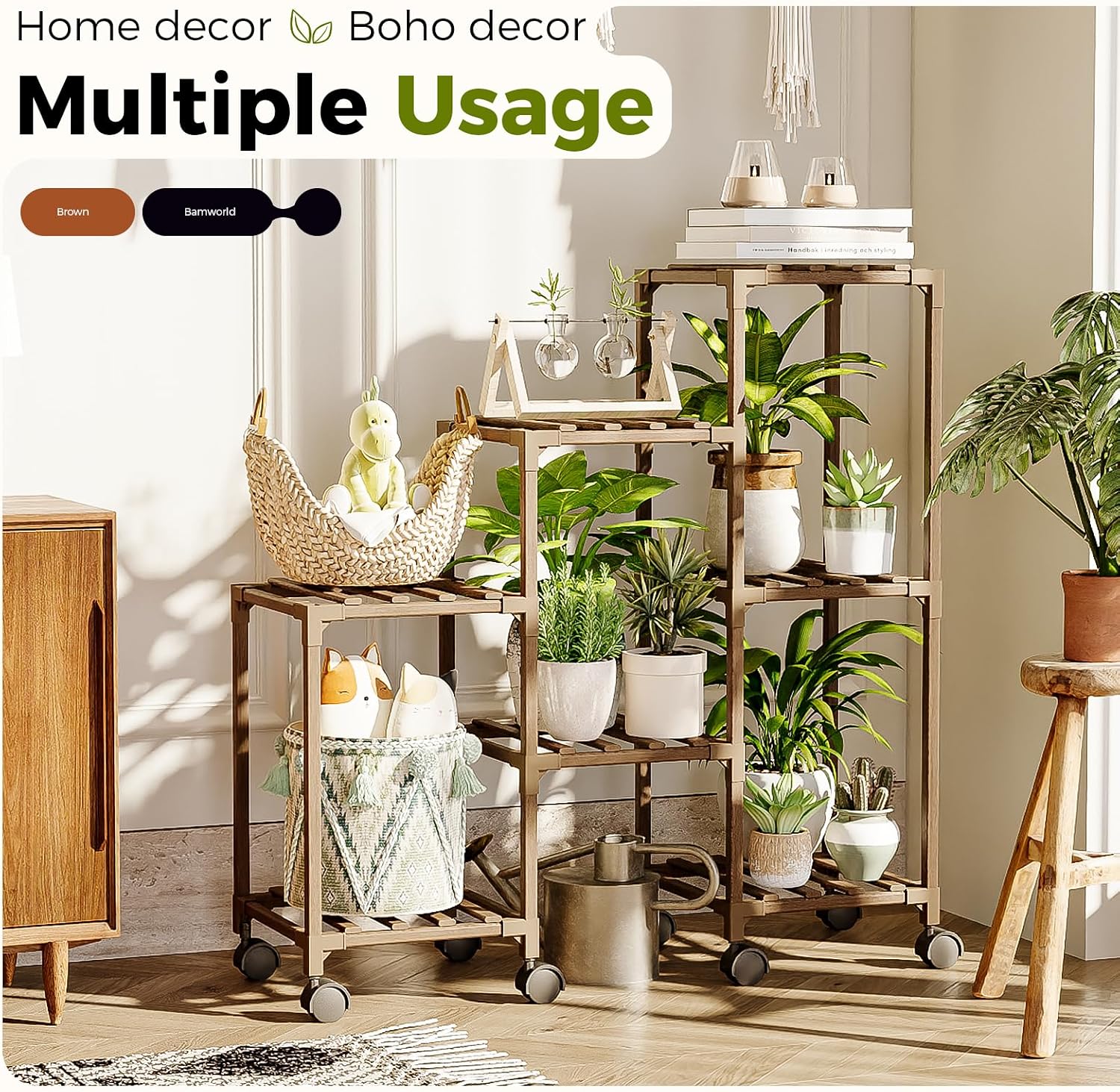 Bamworld Plant Stand with Wheels for Indoor Plants Wood Outdoor Tiered Shelf 3 Tire 7 Potted Ladder Plant Holder Table