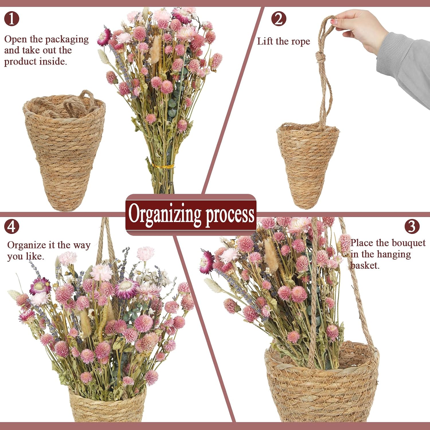 Front Door Basket Wreath Dried Flower Bouquet in Hanging Wicker Basket Lavender Eucalyptus / Natural