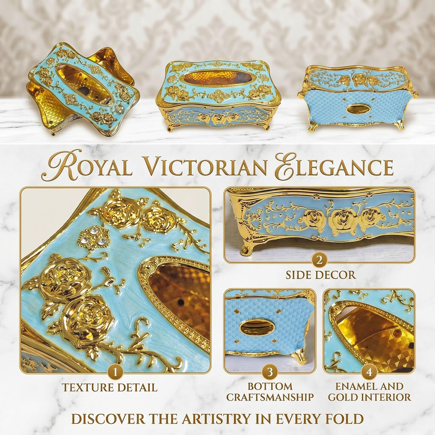 European-Style Vintage Tissue Box Cover / Gold&blue
