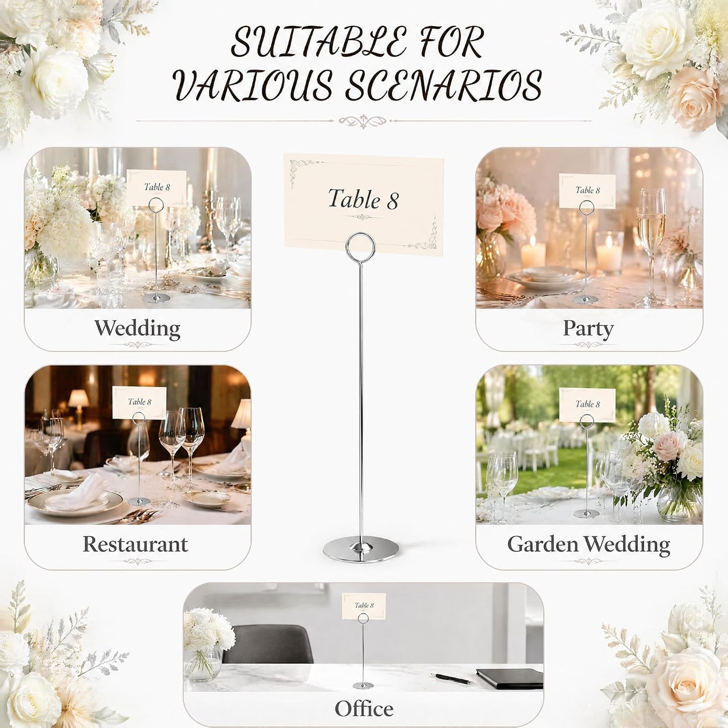 Urban Deco 12 Inch Silver Steel Place Card Holder,16 Pack Table Number Holder