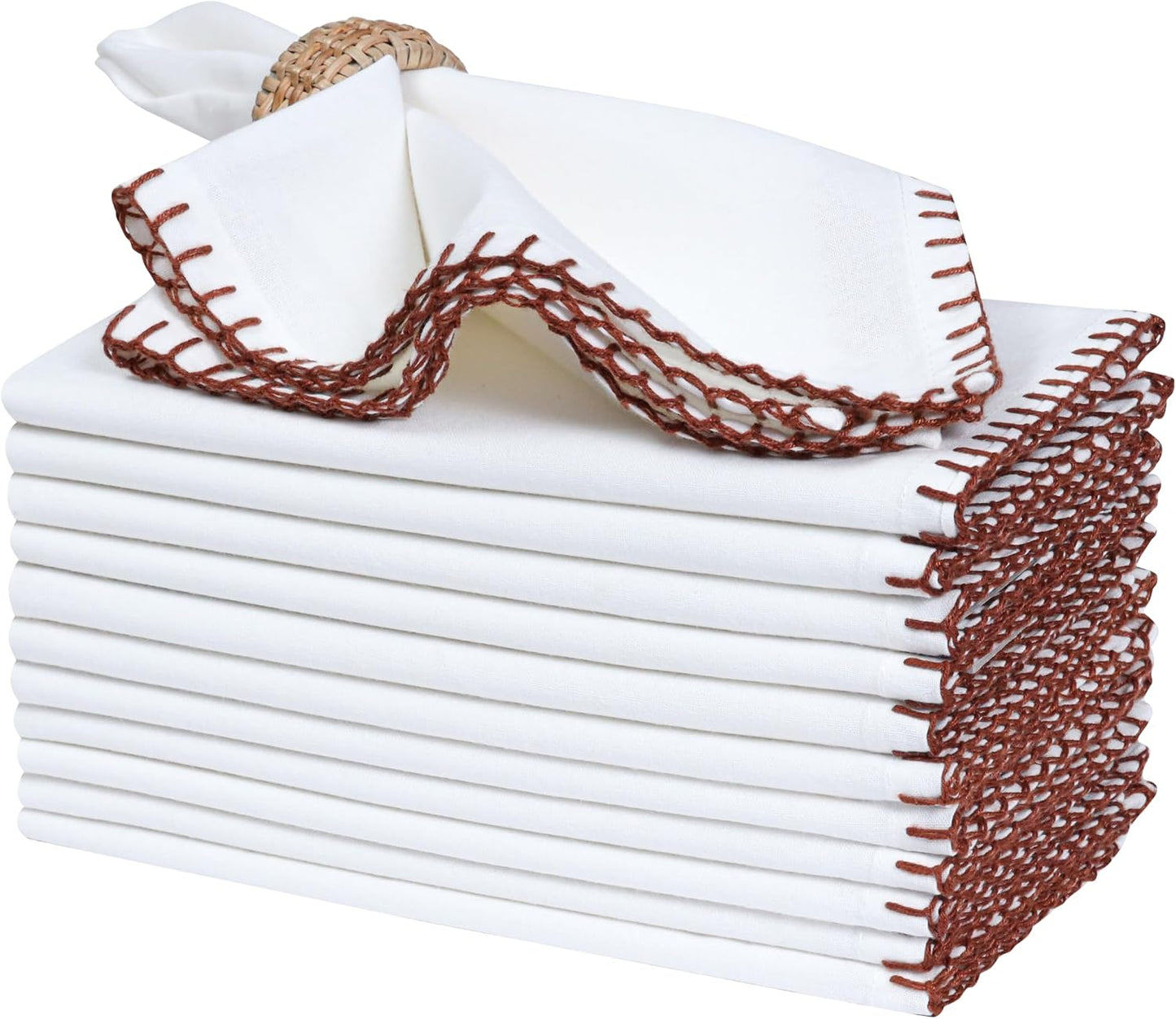 Bedding Craft Cotton Cloth Dinner Napkins Set of 12 – 18x18 Chili Oil Red Cloth Napkins with Blanket Stitch Selvedge –