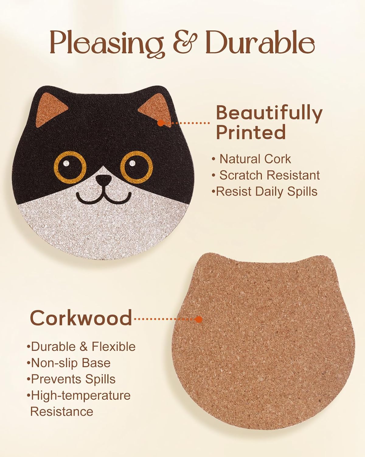 Cat Drink Coasters for Cat Lovers Gifts Desk Coffee Table -Funny Cup Holder / Cork / Set of 6