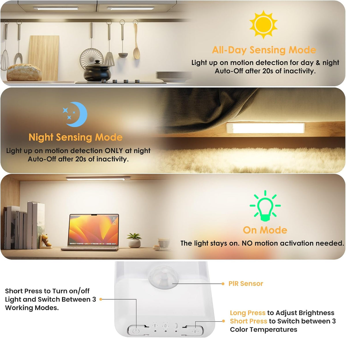 5-Pack Motion Sensor Under Cabinet Light, 3CCT, 11.8inch | 3 Color Temperature, Dimmable, Rechargeable, Magnetic Closet