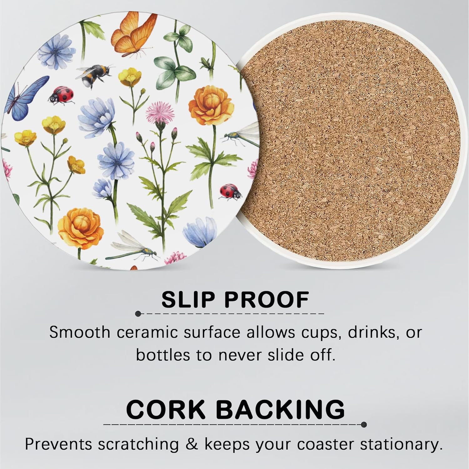 Holder / Absorbent Round Ceramic Coaster for Tabletop Protection / Botanical Flowers / Set of 6