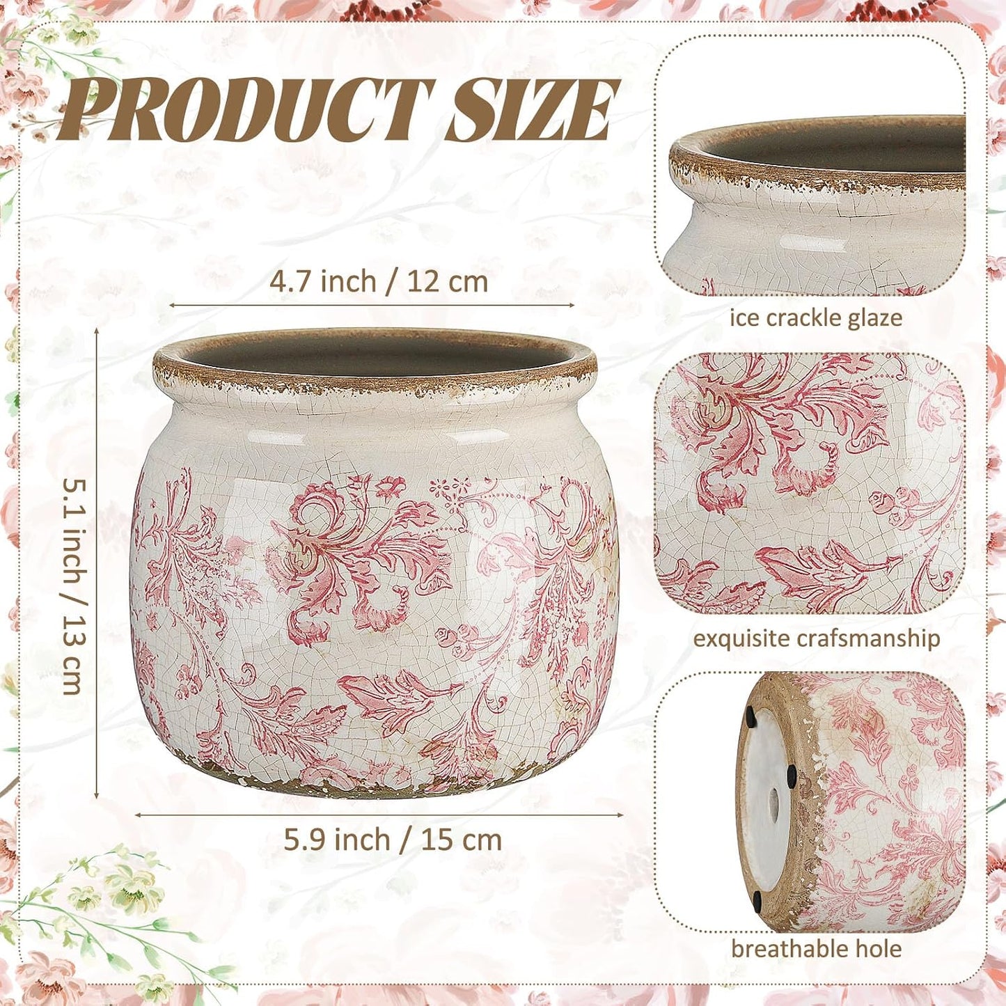 Vintage Planter Large Ceramic Plants Pot Ice Crack Cottage Scroll Vase Flower / Floral Scroll / Pink