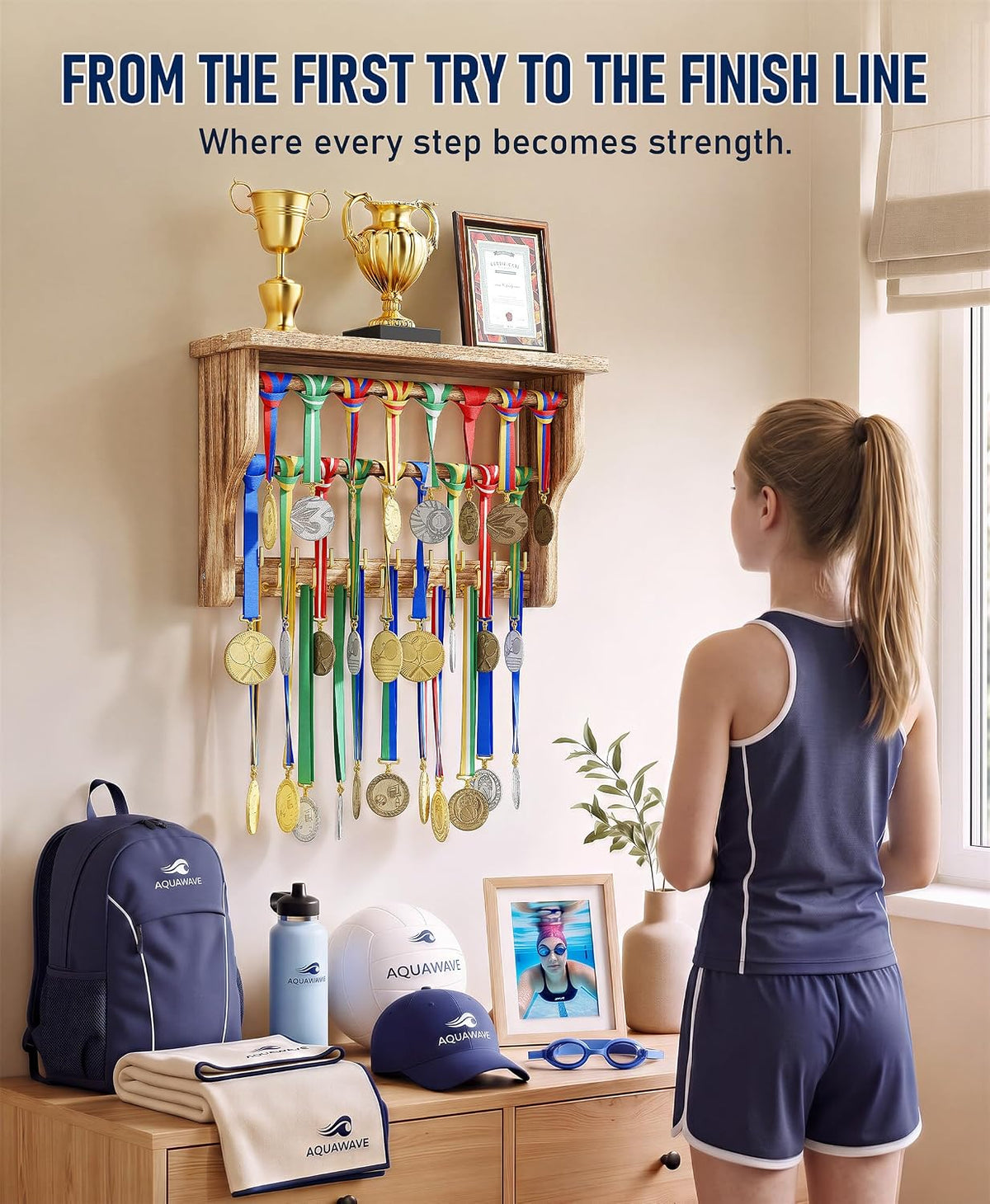 Medal Hanger Display, 3-Tier Solid Wood Trophy Shelf Rack | Medal Holder,2 Medal Bars,17 Metal Hooks,Heavy Duty