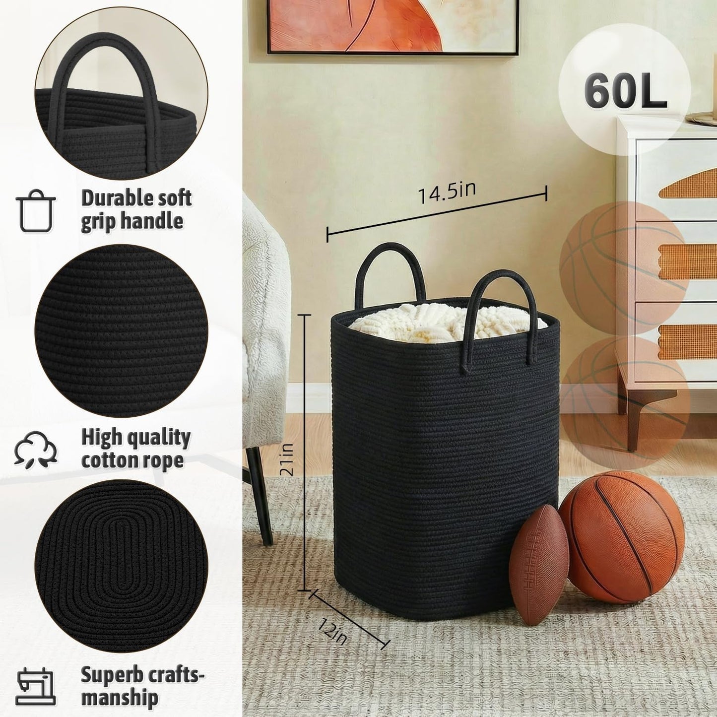 Laundry Basket / Woven Cotton Rope Laundry Hamper / 60L / Darkblack