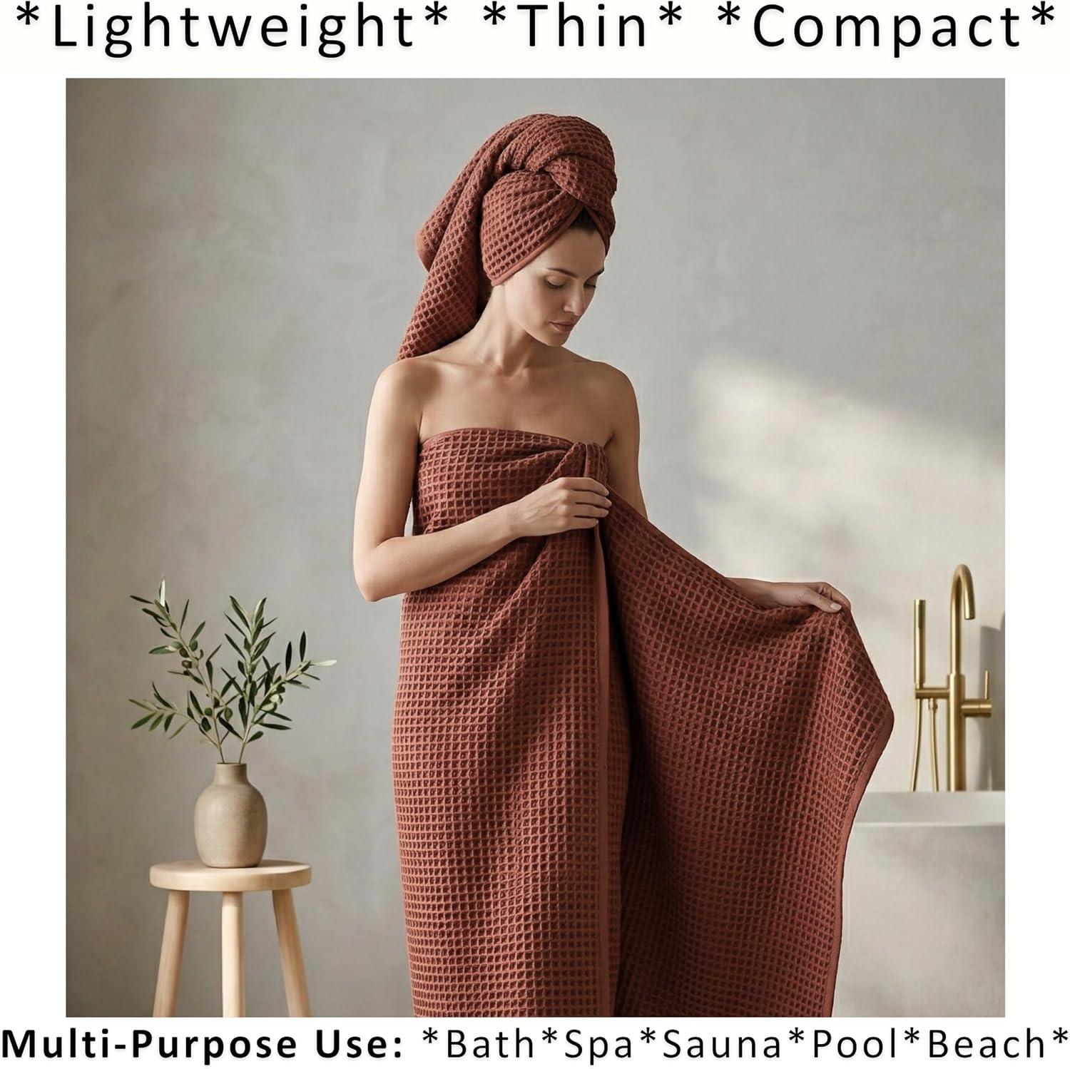PÜSKÜL Natural 100% Turkish Cotton Waffle Bath Towels Set of 2, Extra-Large | Brick-Red, Oversize 32x63" Bath sheet