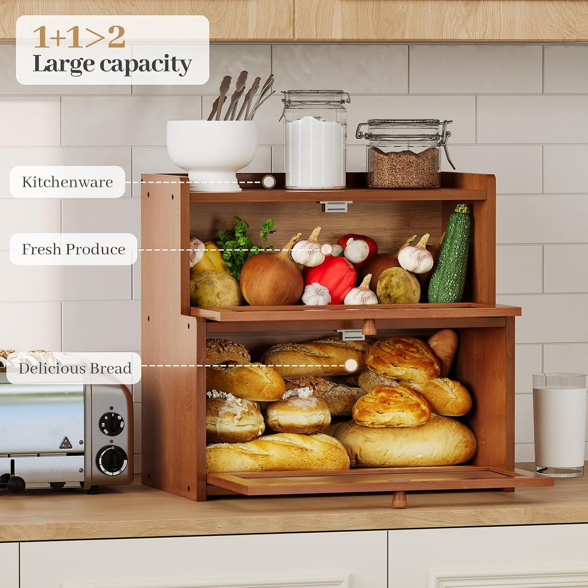 Bread Box for Kitchen Countertop, Large Bamboo Bread Storage Container with Double Layer, Bread Holder for Homemade
