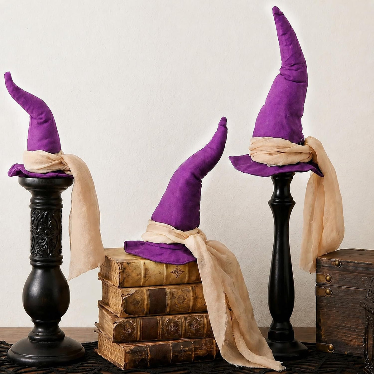 3 Pcs 3 Size Halloween Witch Hat Table Centerpieces with Gauze Ribbon