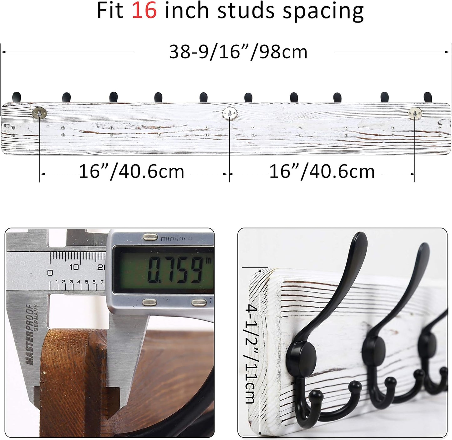 WEBI Coat Rack Wall Mounted,38 9/16" Long,10 Hooks,Wood Coat Hooks Wall Mounted Coat Hanger,Hook Rack Rail,Triple Hooks