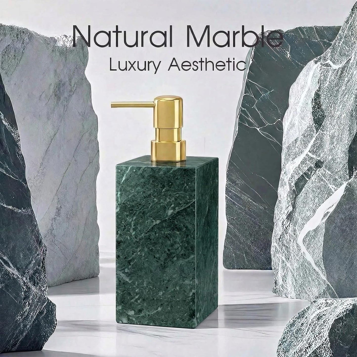 2 Set Real Natural Marble Soap Dispenser with Stainless Steel Pump – Decorative Liquid Hand Soap Bottle for Kitchen &