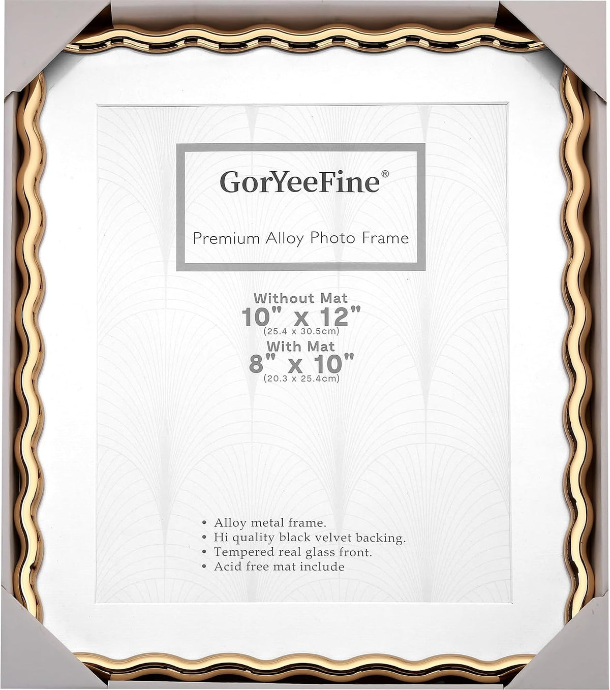 Gold 10x12'' Heavy-Duty Zinc Alloy Picture Frames with Acid Free Mat for 8x10'',Wave Design Gold Picture Frame 10x8''