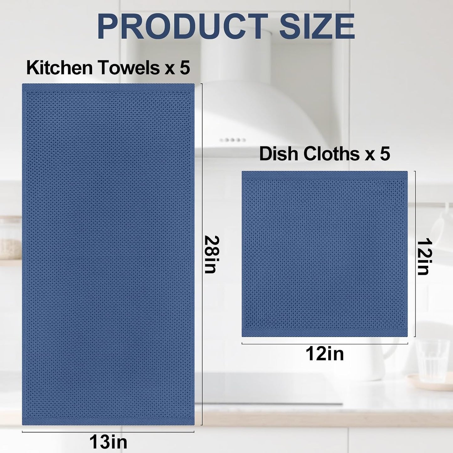 Homaxy 10 Pack 100% Cotton Kitchen Towels and Dishcloths Set, Navy Blue | 12 x 12 Inches and 13 x 28 Inches Kitchen