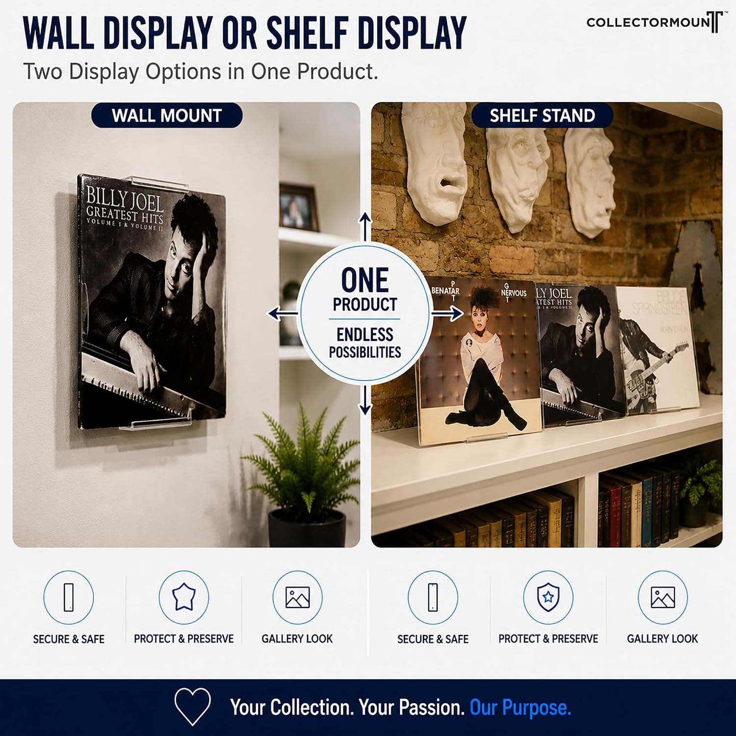 CollectorMount™ Vinyl Record Frame Wall Mount & Shelf Stand, 5 Pack | Patented Adjustable Display for Vinyl Records &