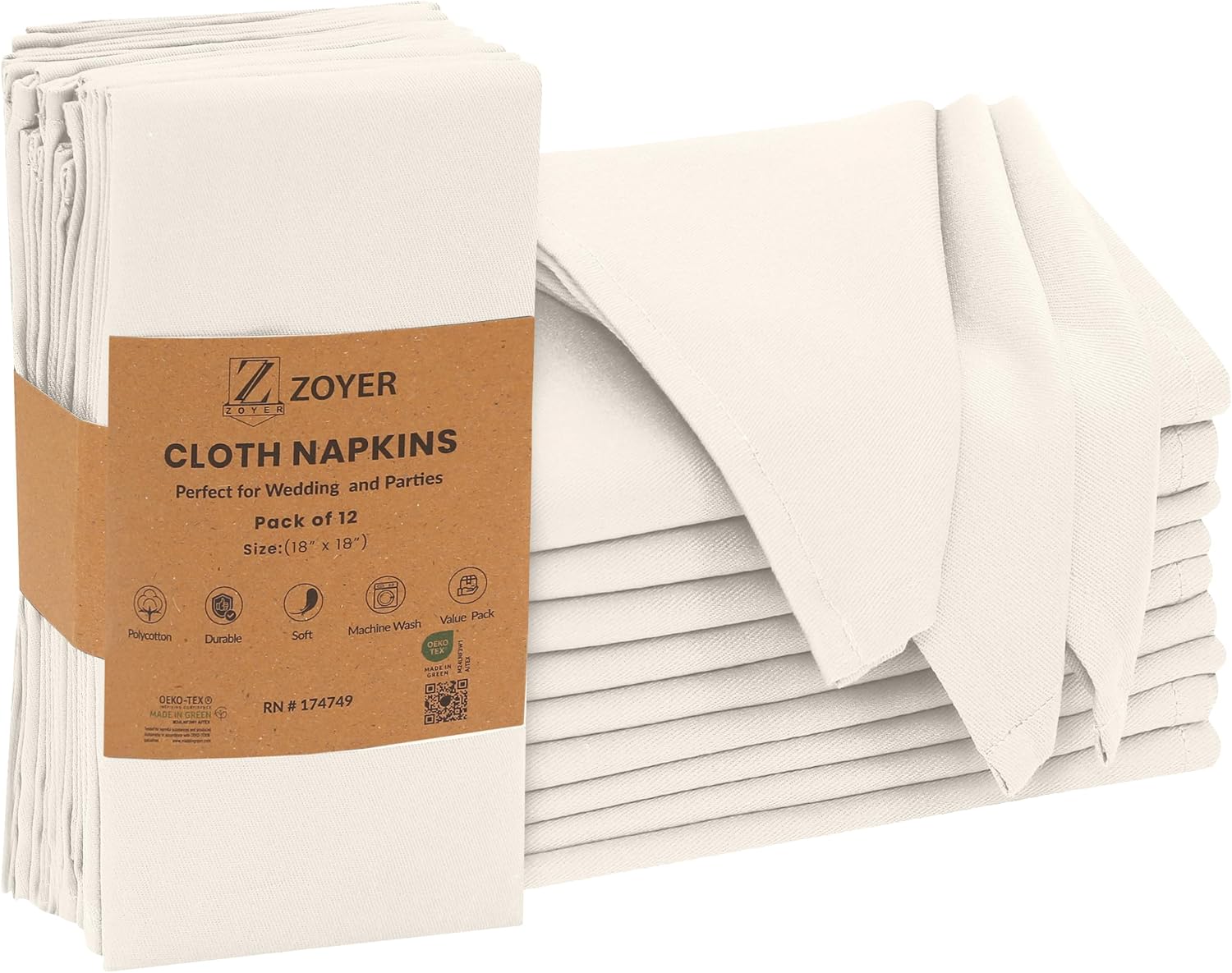 Zoyer Cloth Napkins Set of 12, Cotton Enrich 18”x18” - Ivory | Washable, Soft, Durable & Absorbent Everyday Napkins.