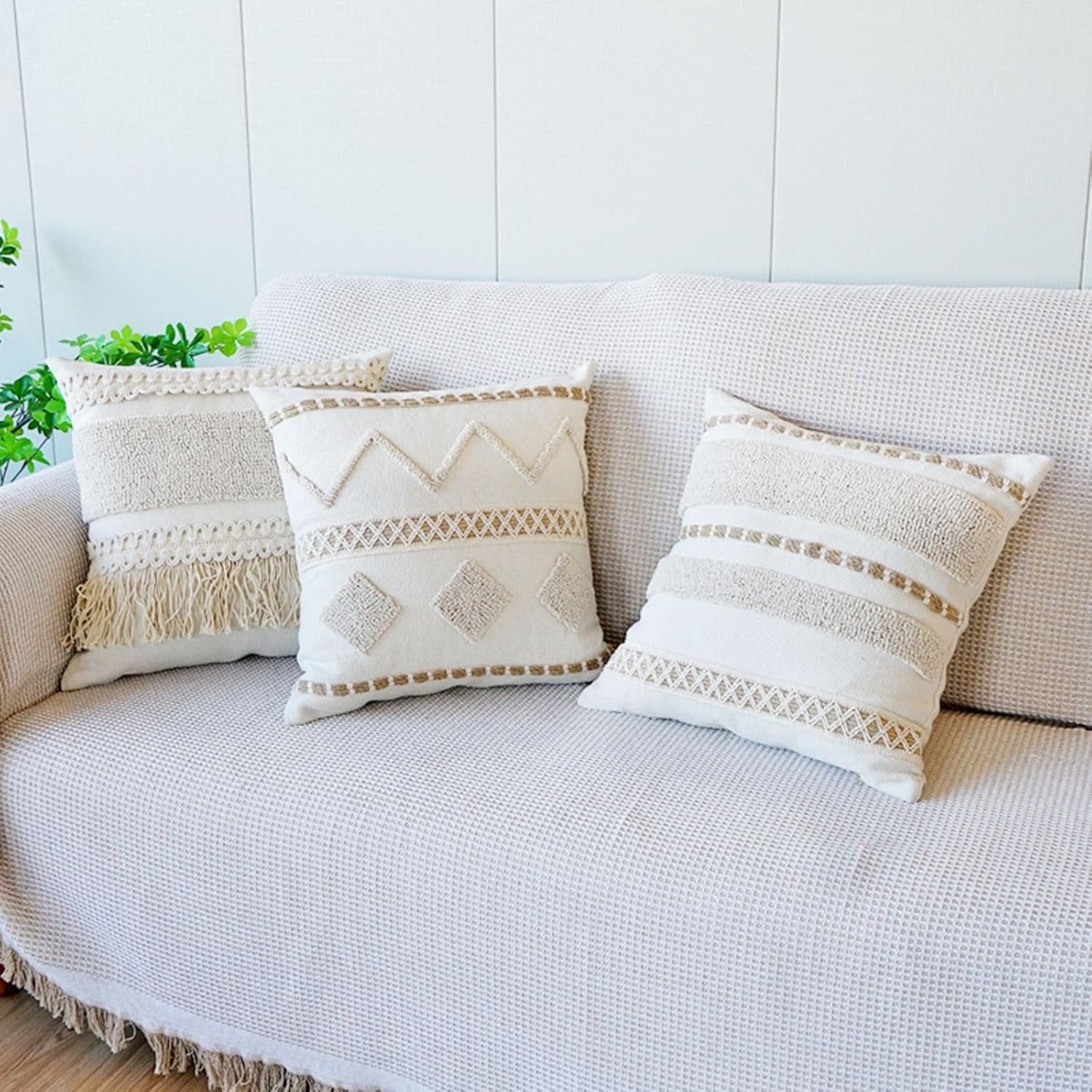 Boho Throw Pillow Cover Tassels Textured Striped Bed / 18 x 18 / Throw Pillow Covers / Pattern B