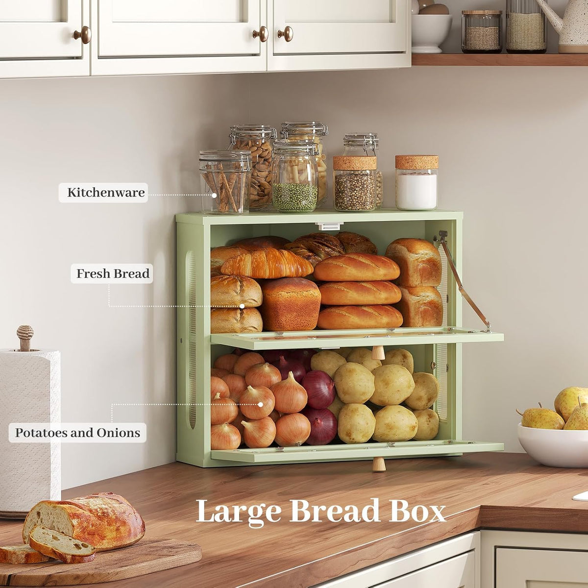 Corner Bread Box for Kitchen Countertop, 2026 New Double Layer Bamboo Bread Storage Bin, Large Bread Container for