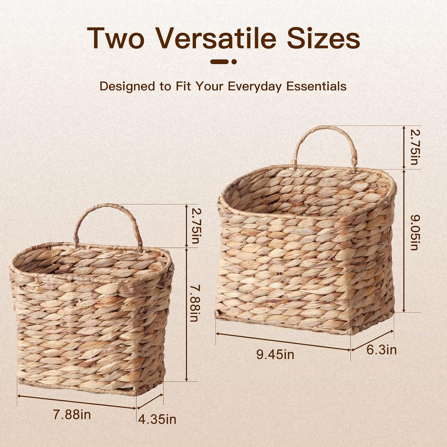 Wicker Hanging Wall Basket Woven Hanging Baskets Water Hyacinth Wall Mounted / Natural / Set of 2